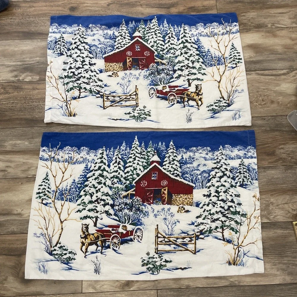 Vintage Pair (2) Winter Themed Standard Pillowcase 100% Cotton